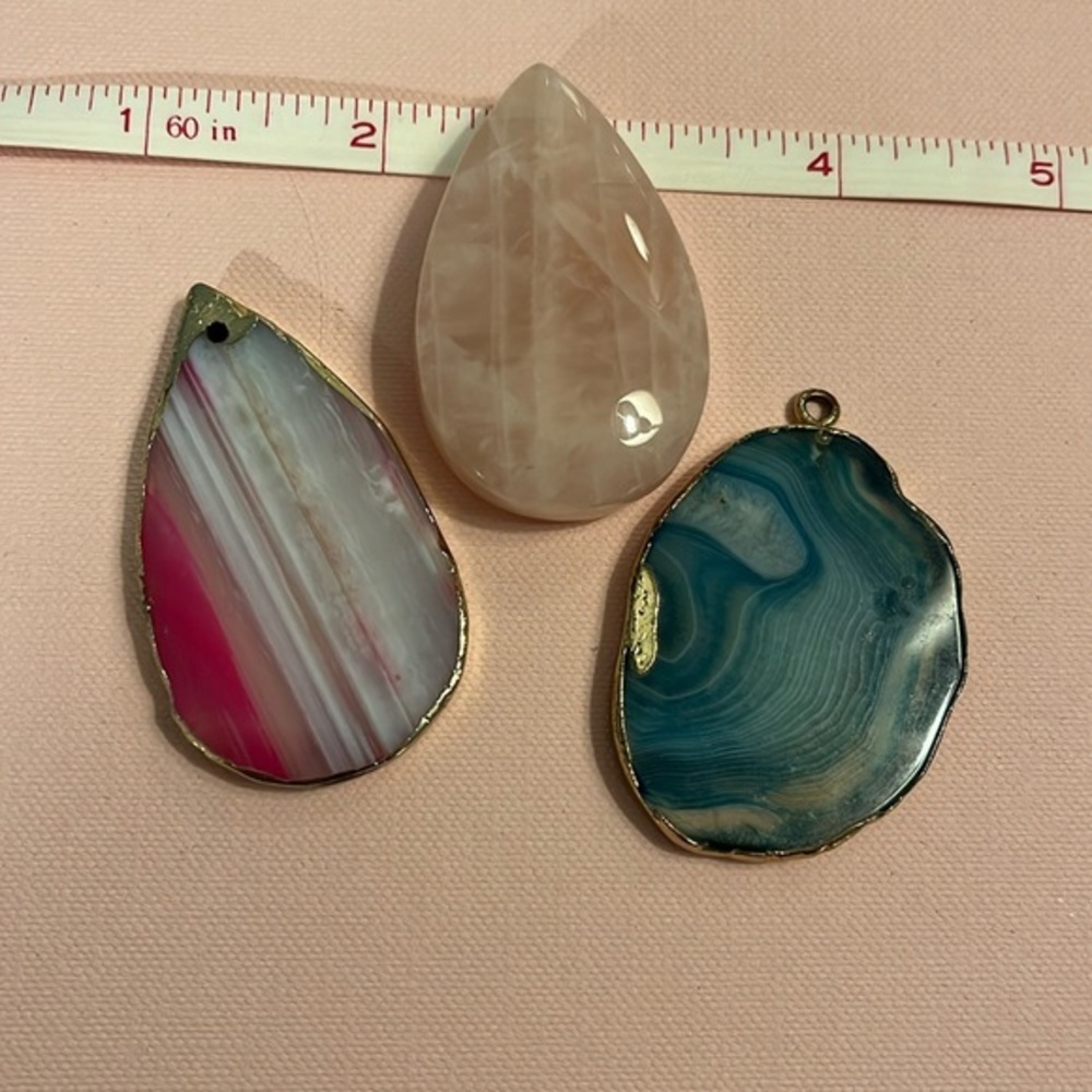 3 large stone pendant/charms. Quartz, pink and green. Approx 2".